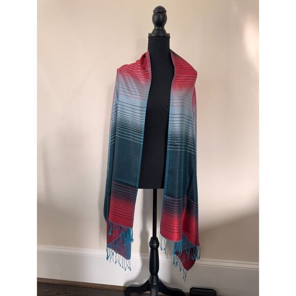 Bulbul Handicraft Silk Wool Blend Scarf from India Teal Red Striped Fringe Wrap - Picture 3 of 5
